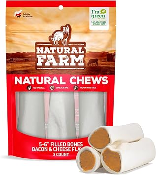 Natural Farm Filled Dog Bones, Bacon & Cheese Flavor 5-6 Inch, 3 Pack, Limited Ingredient Stuffed Dental Dog Bone Treats for Large Dogs
