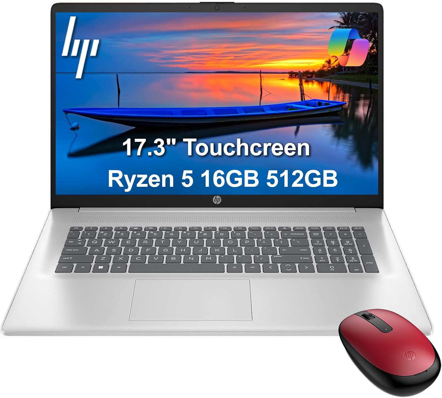 HP 17 Touchscreen Laptop w/Bluetooth Mouse (17.3" HD+, 16GB RAM, 512GB SSD, AMD Ryzen 5 7430U (> Intel i5-1334U)), Long Battery Life, Fast Charge, Numeric Pad, Win 11 Home, Business & Student