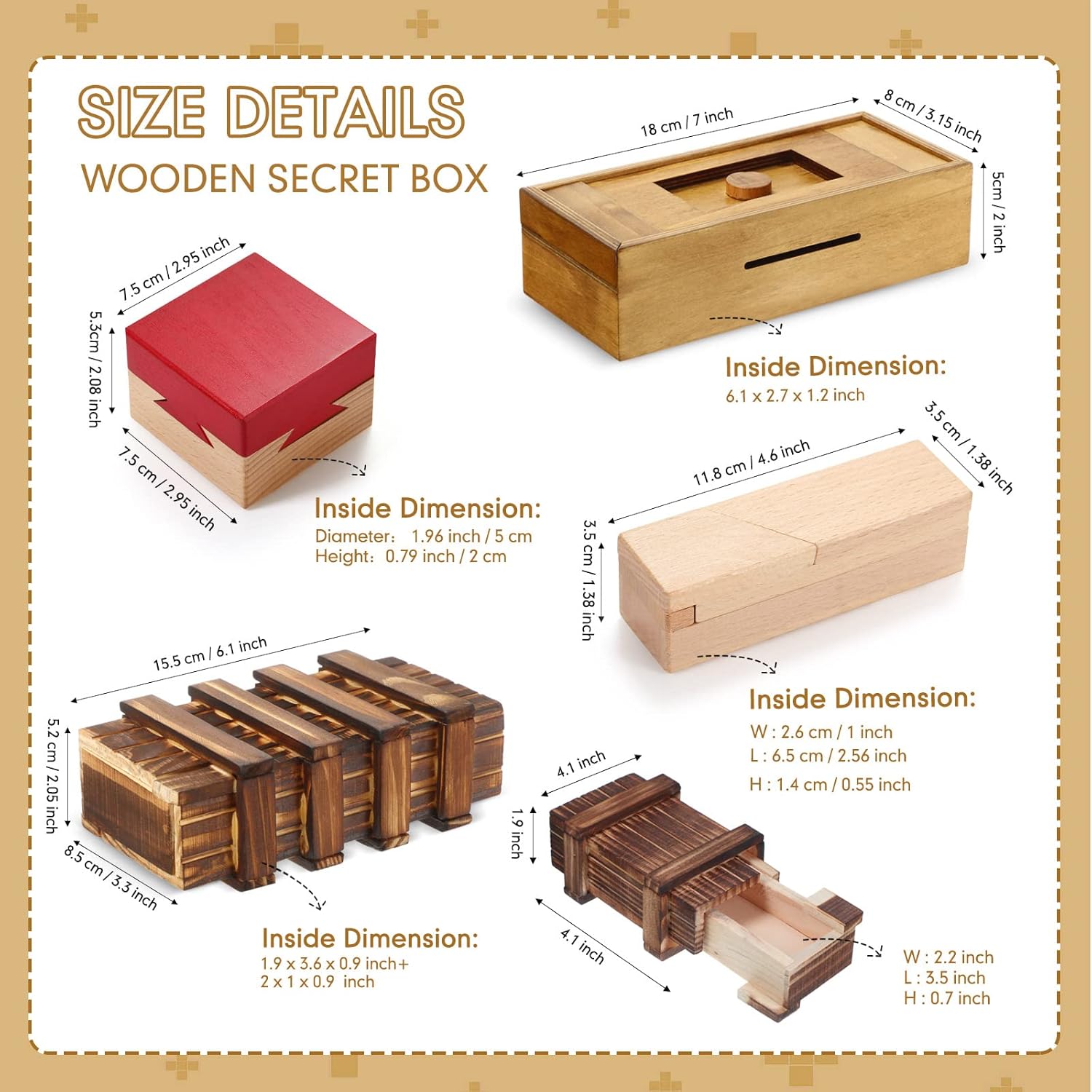 5 Packs Puzzle Box Christmas Wooden Box with Lock Compartment 3D Brainteaser Wood Puzzle Boxes Difficult Gifts Brain Teaser Game for Adults and Teens