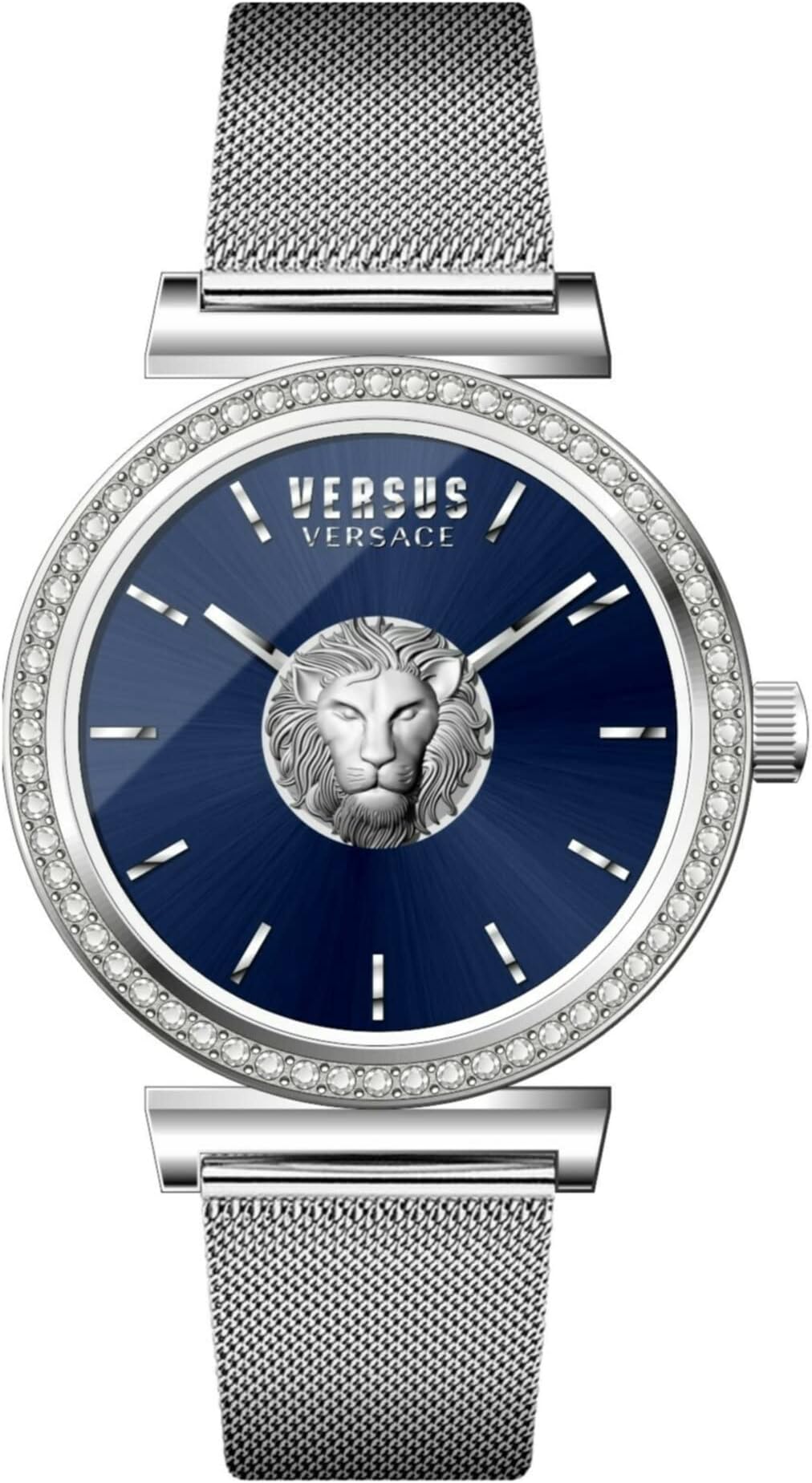 Versus Versace Brick Lane Mesh Collection Luxury Womens Watch Timepieces with a Silver Bracelet Featuring a Stainless Steel Case and a Blue Dial