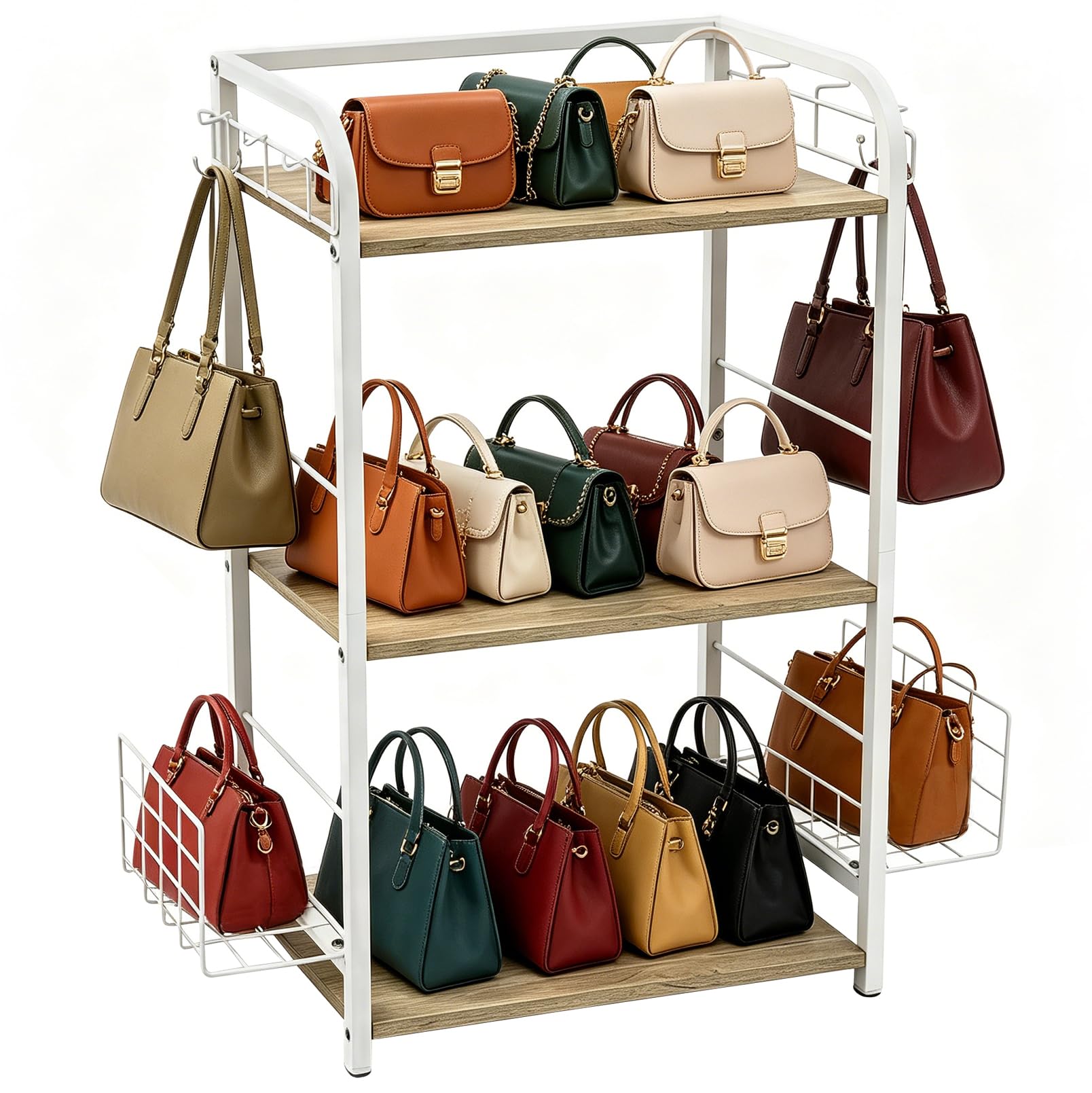3-Stöckiges Handtaschen-Organizer-Regal, Freistehender Bag Storage Halter | Mit Verstellbarem Korb und Seitenhaken, Robuste Aufbewahrung, Für Kleiderschrank, Schlafzimmer, Wohnzimmer, Flur