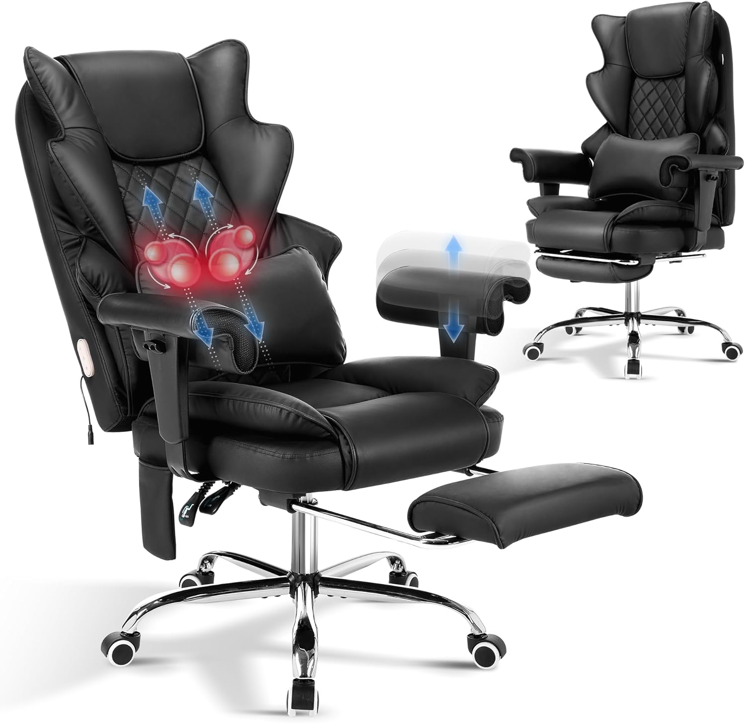 TonghuaS 3D Kneading Massage Heated Office Chair with Foot Rest, 90-135° Reclining & Adjustable Armrest Desk Chair with Lumbar Pillow, Ergonomic Reclining Computer Gaming Leather Chair(Black)