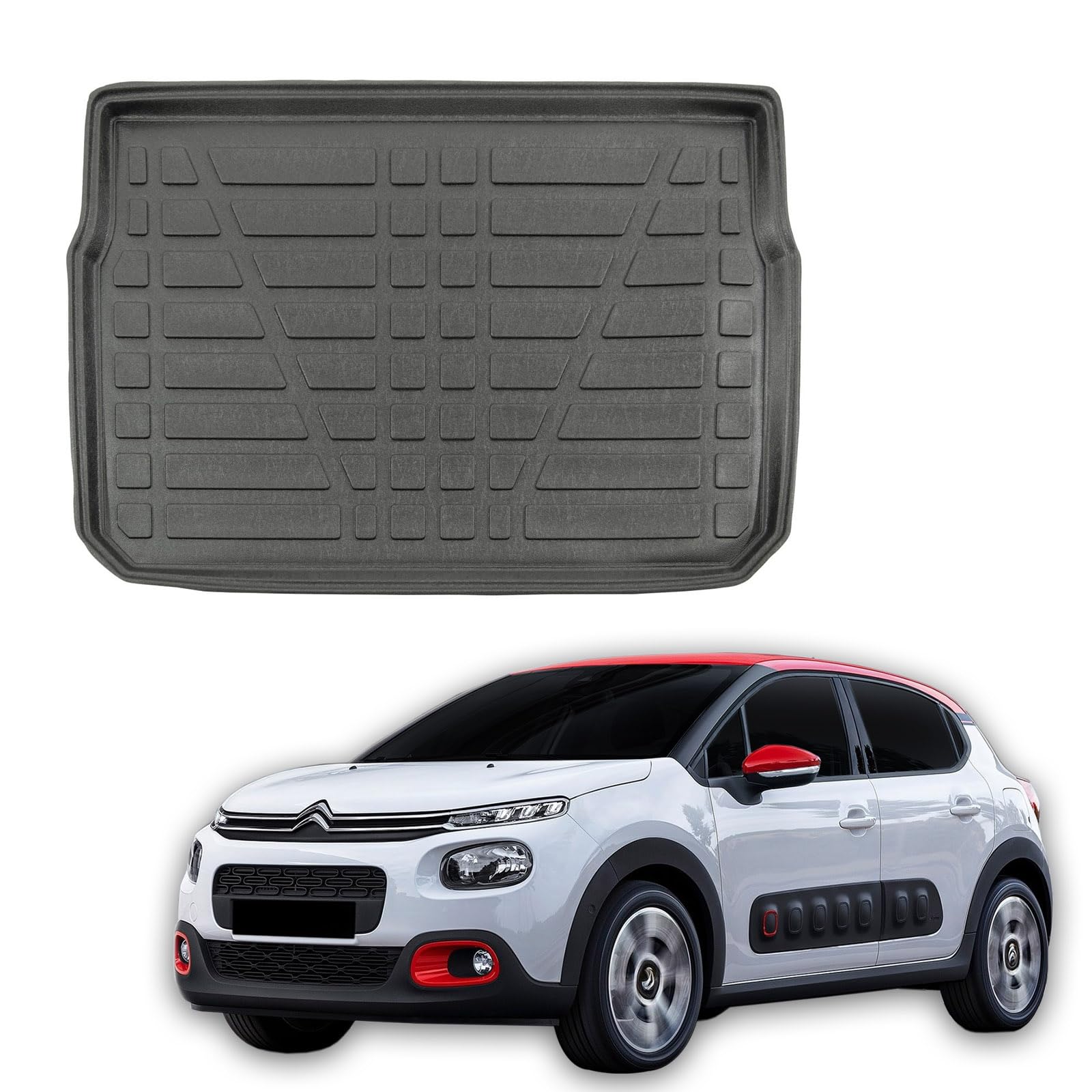 SCOUTT Tapis De Coffre sur Mesure pour Citroen C3 2016-2023, Noir, Antidérapant, Bord Haut, Toutes Saisons