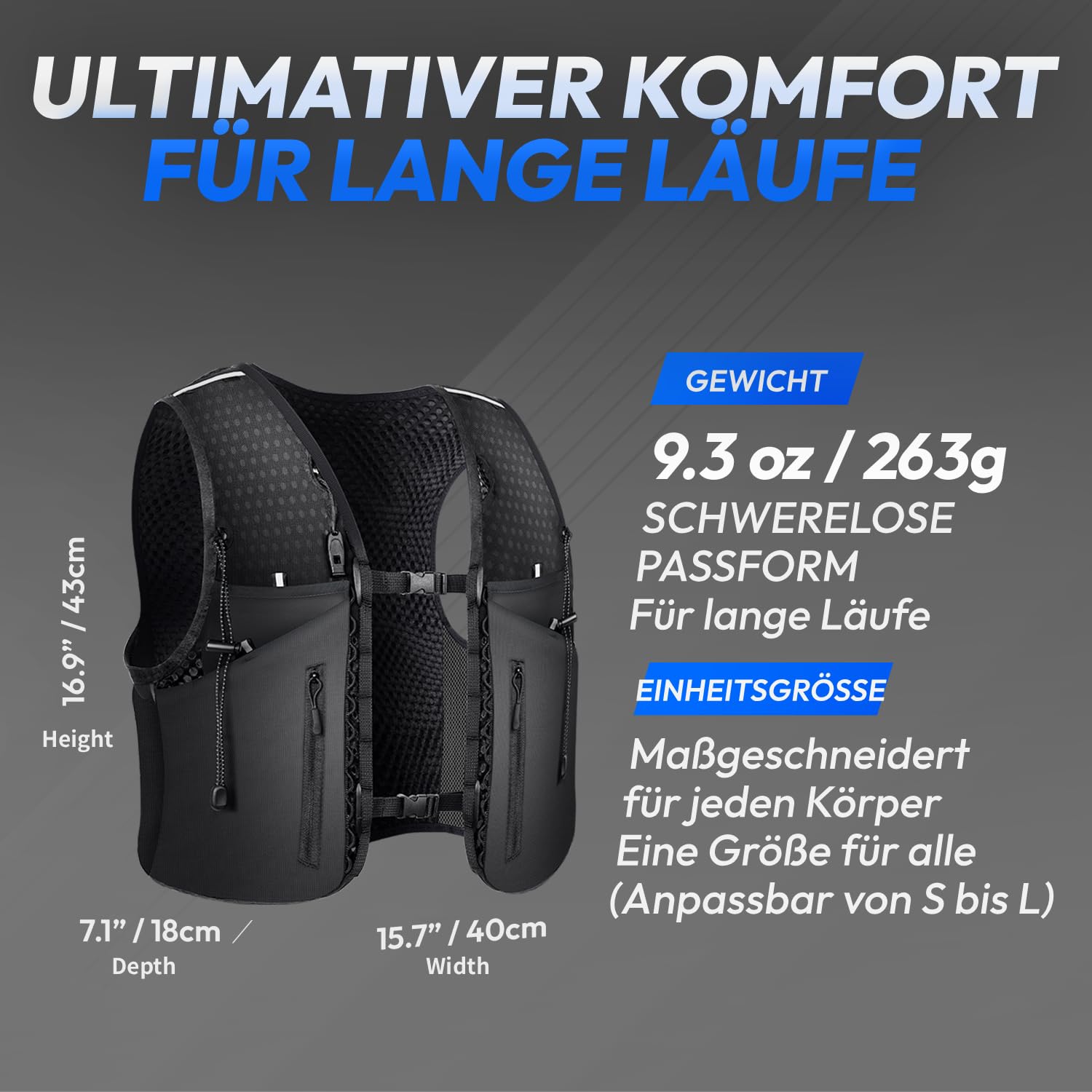 Cruiser Mountain Trailrunning-Weste für lange Strecken, 11 Taschen 6 Riemen Wanderrucksack mit Trinkflasche & Signalpfeife