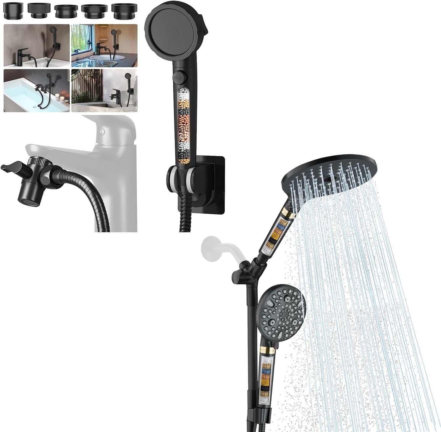HOWUWEY Matte Black Filtered Shower Sprayer with Sink Hose Attachment for Faucet & HOWUWEY Matte Black Filtered Dual Shower Head with Handheld Spray Combo for Hard Water