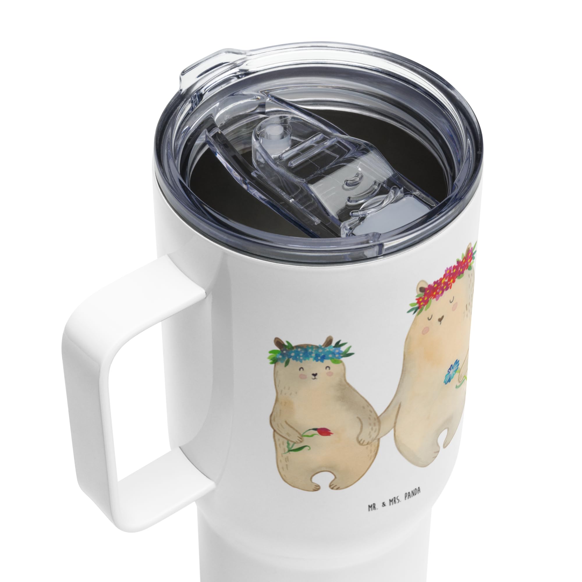 Mr. & Mrs. Panda Thermobecher Bären mit Blumenkranz - Geschenk, Teetasse, Vorbild, Kinder, Mehrweg-Kaffeebecher, Kaffee-to-go-Becher, Family, Muttertag, Isolierbecher, Mama, Beste Freundin, Mami