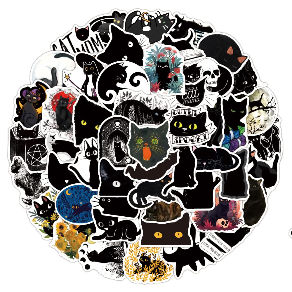 Bric dodo 100 Pcs Cute Black Cat Kawaii Stickers, Vinyl PVC Waterproof, Reusable, For Laptop, Skateboard, Car, Bike, Travel Case, Outdoor Use