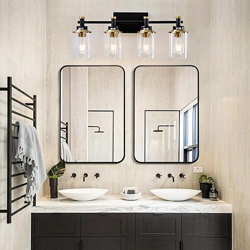 Miniatura 9 de Lámpara de baño de 3 luces, lámpara de tocador negra y dorada cepillada sobre el espejo, moderna lámpara de pared para baño, dormitorio, pasillo con