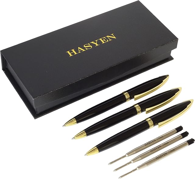 HASYEN Everyday Luxury Metal Ballpoint Pen Black and Gold Retractable Pen Black Ink Medium Point 1.0mm Nice Gift for Men and Women 3 Pens with 3 Extra Refills Value Pen Set