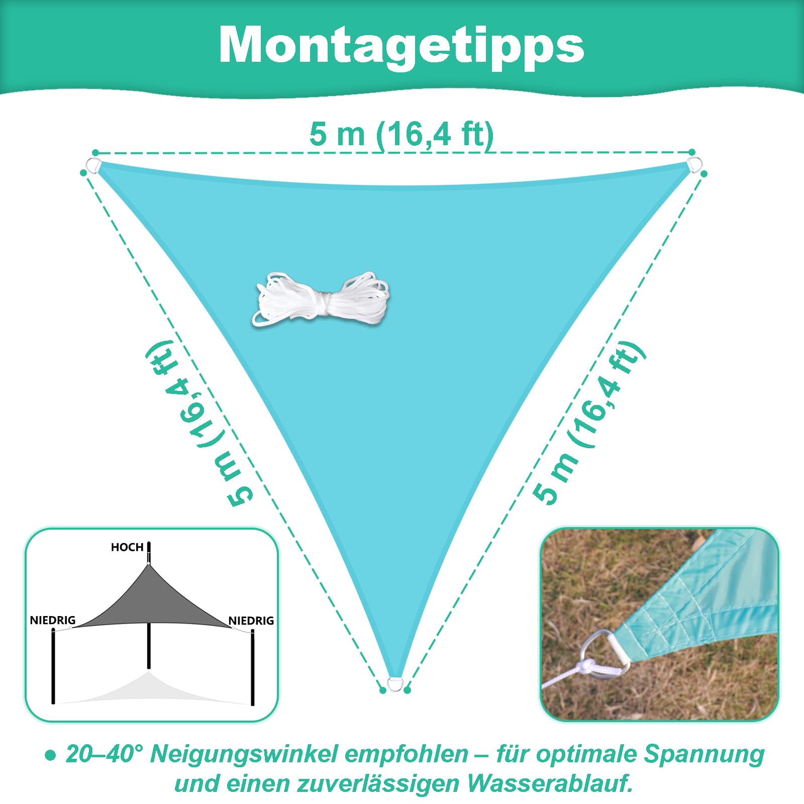 Sonnensegel Dreieckig Wasserabweisend 5x5x5m 95% UV Schutz | Wetterbeständiges Oxford Sonnenschutz Segel mit Seilen, Schattensegel für Outdoor Balkon Garten Terrasse Pergola, Himmelblau
