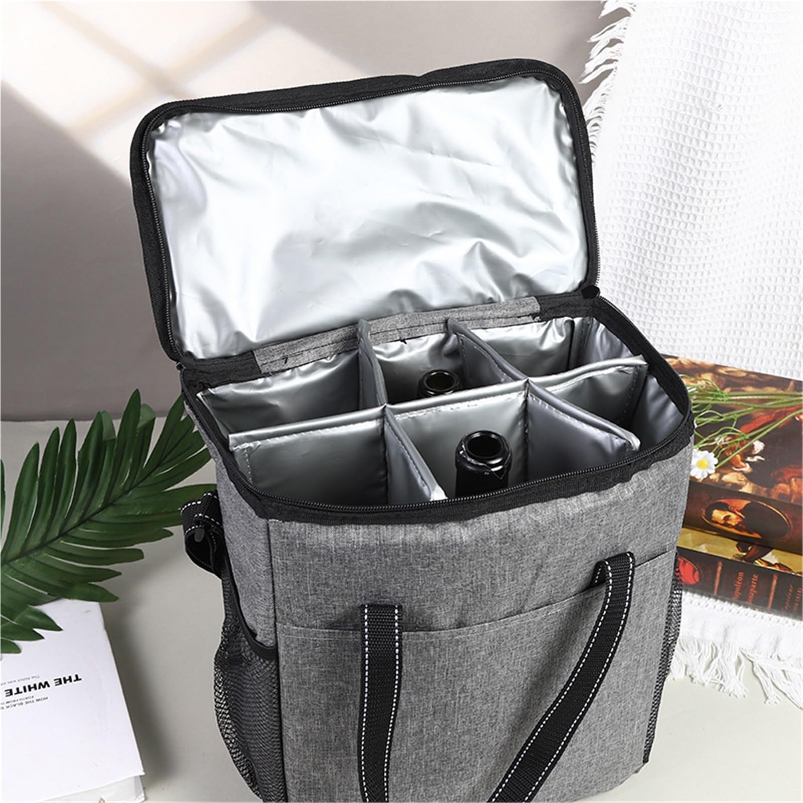Bolsa Enfriadora de Vino para 6 Botellas, Bolsa Isotérmica Aislada y a Prueba de Fugas con Asa y Correa de Hombro, para Picnic Camping Viaje(Gray)