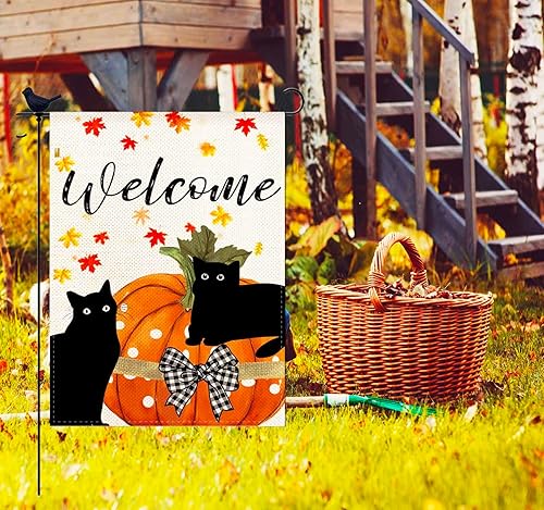 Miniatura 2 de Bandera de jardín vertical de calabaza de otoño con diseño de gato negro de 12.5 x 18 pulgadas, diseño de calabaza de Acción de Gracias, hojas de