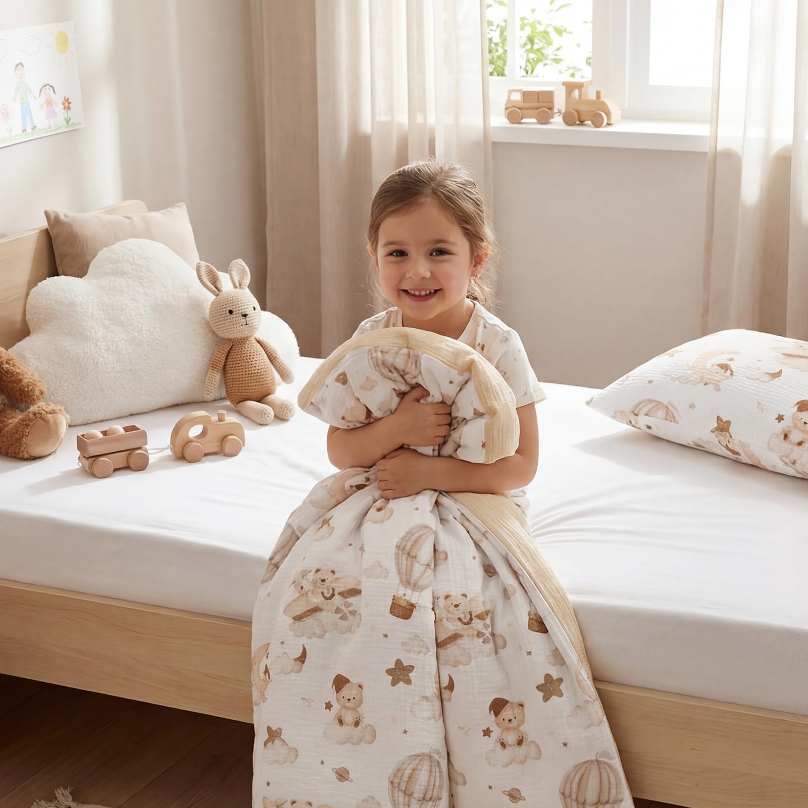 Musselin Kinderbettwäsche 100x135 – Bettbezug 100x135 & Kissenbezug 40x60 cm aus 100% Baumwolle – Atmungsaktives Bettwäsche Set für Baby Kinder (Brauner Ballon)