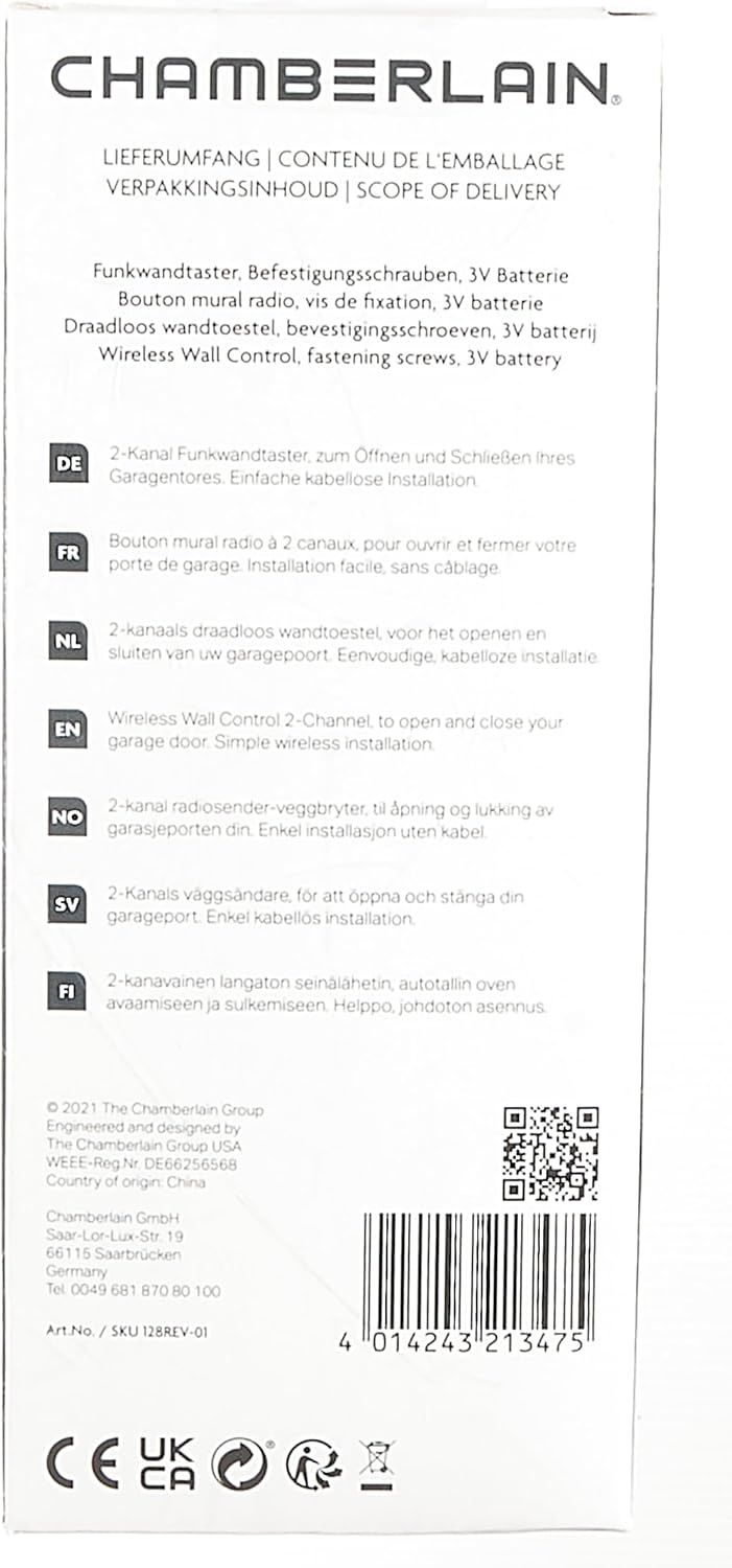 ചേംബർലെയ്ൻ 128REV പാക്കേജിംഗിന്റെ പിൻഭാഗം അനുയോജ്യതയും സവിശേഷതകളും കാണിക്കുന്നു.