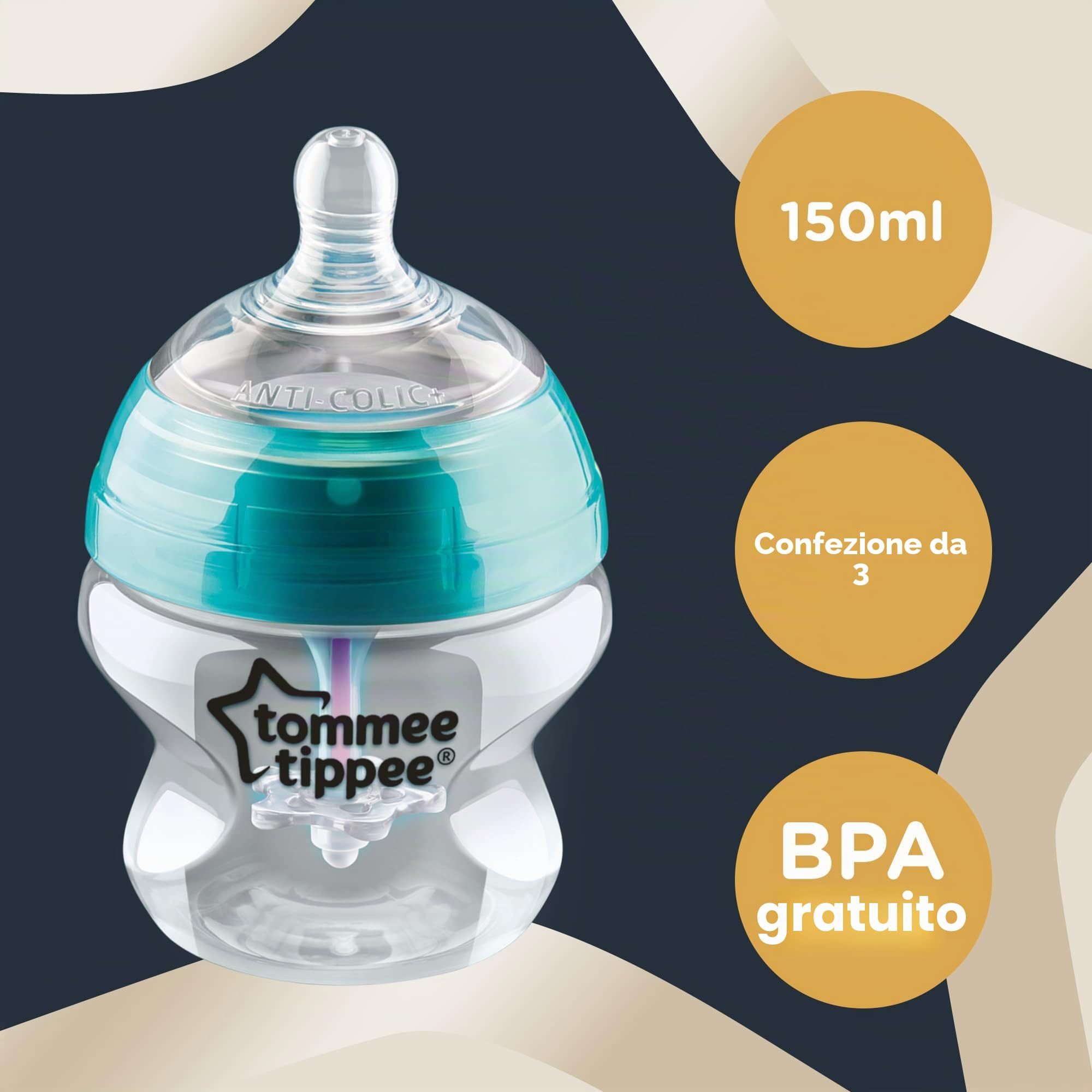 Tommee Tippee Biberon Anticolica, Tettarella Simile al Seno a Flusso Lento e Esclusivo Sistema di Ventilazione Anticolica, 150ml, Confezione da 3, Neutro