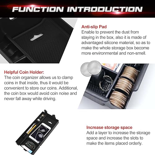 Miniatura 6 de x xotic tech Reposabrazos de consola central interior color negro, caja organizadora de almacenamiento para teléfono, monedas, tarjeta, bandeja de