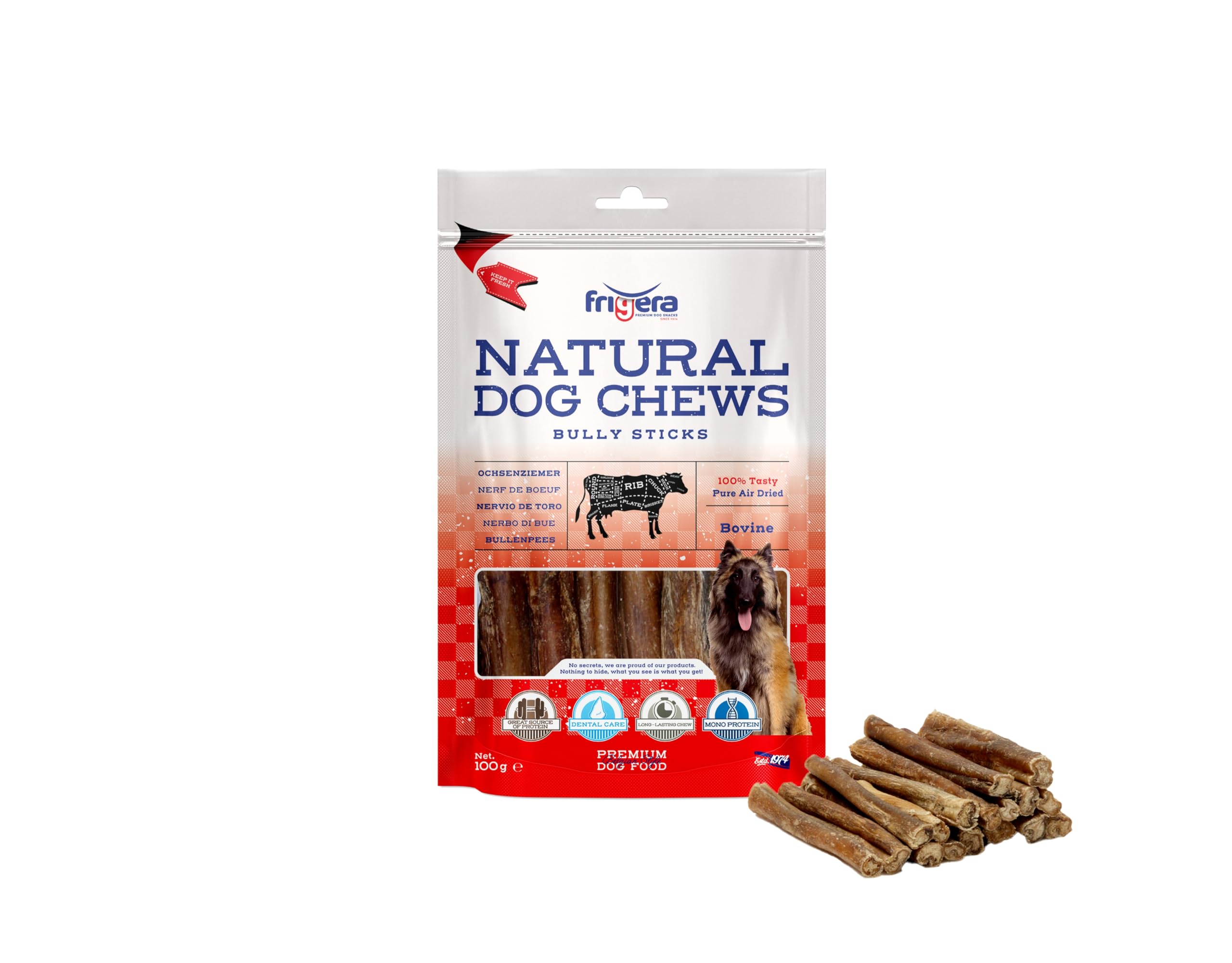 Frigera Cucciolo di bue, 12 cm, 100 g, naturale e ricco di proteine, per cani, senza glutine e cereali, snack per cani di alta qualità senza additivi
