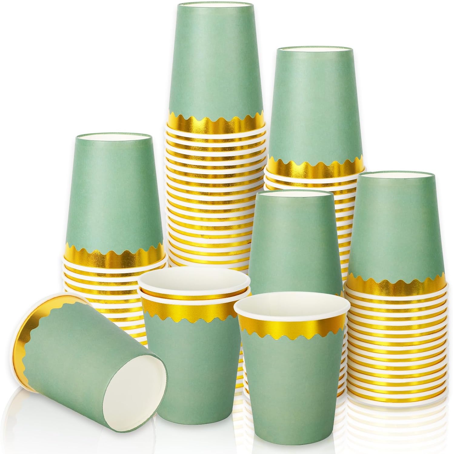 Whaline 50Pcs Sage Green Paper Cups with Gold Scalloped