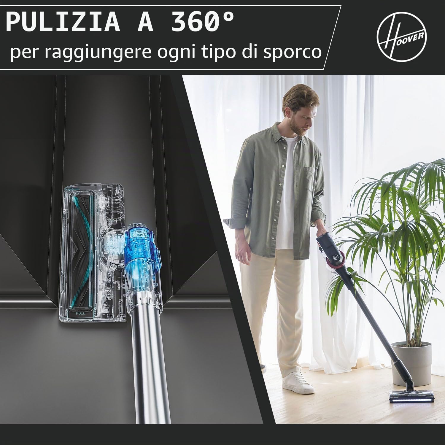Hoover [HF410H Aspirapolvere senza fili, manovrabilità a 360° per tutti i tipi di pavimenti, spazzola anti-groviglio con luci LED integrate, Nero/Magenta