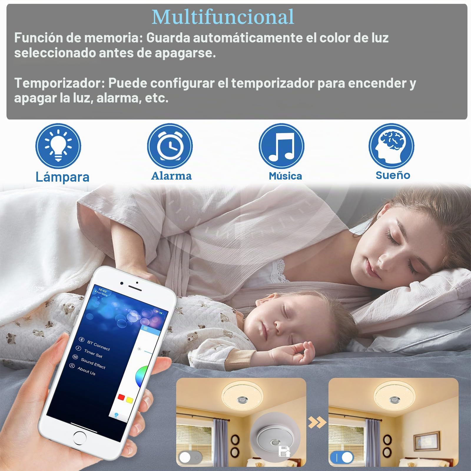 UISEBRT - Lámpara de techo LED regulable (48 W, con altavoz Bluetooth, luz inteligente RGB con mando a distancia y control de aplicación, lámpara de techo con cambio de color para sala de estar