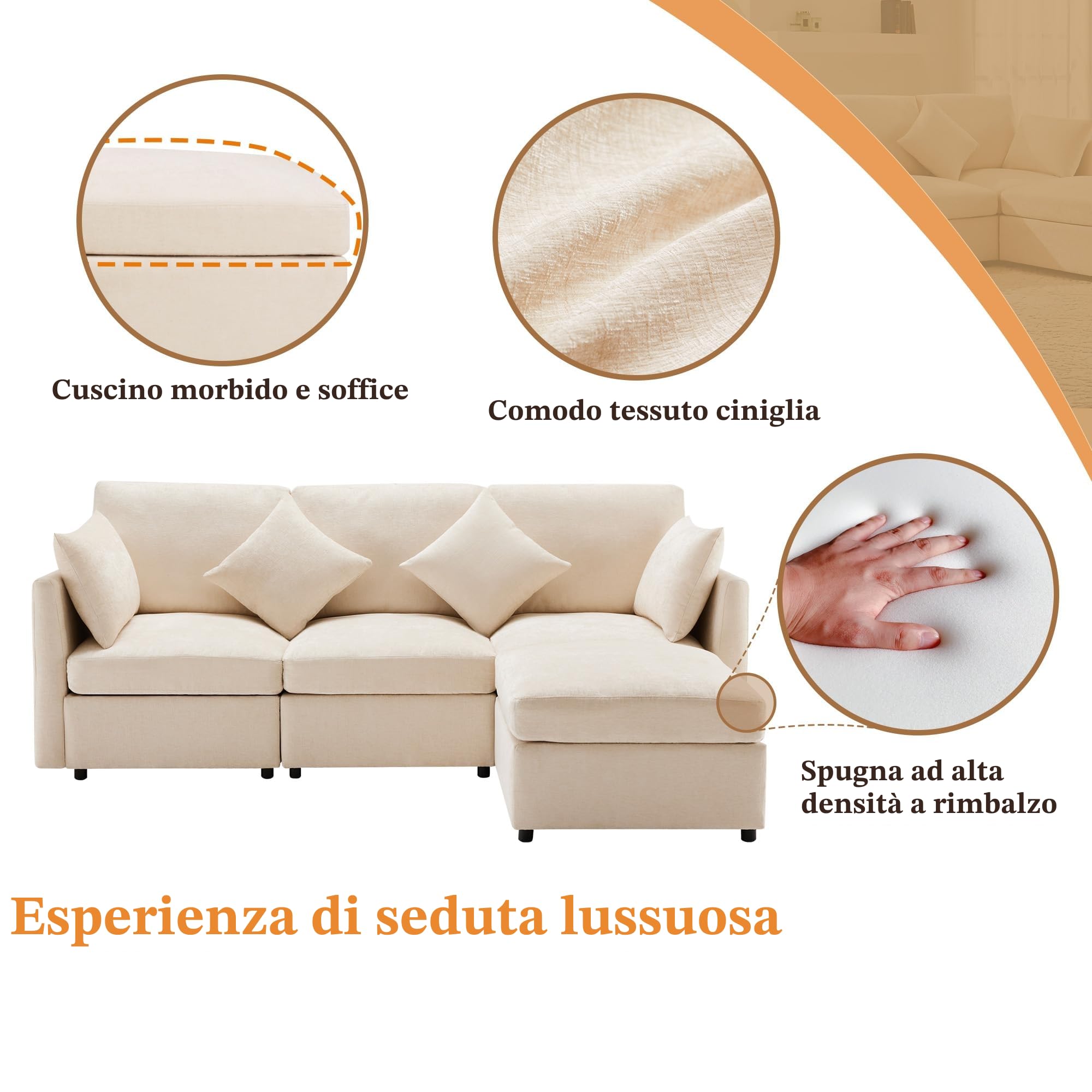 Divano a Tre Posti, Design Moderno in Ciniglia, Forma L Con Poggiapiedi, Adatto per Appartamenti (Beige)
