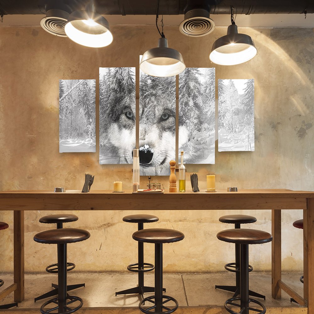 Feeby Leinwandbild Bilder Wand Bild - 5 Teile - Wandbilder Kunstdruck (Wolf, Wald, Schnee) 100x200 cm, Typ A