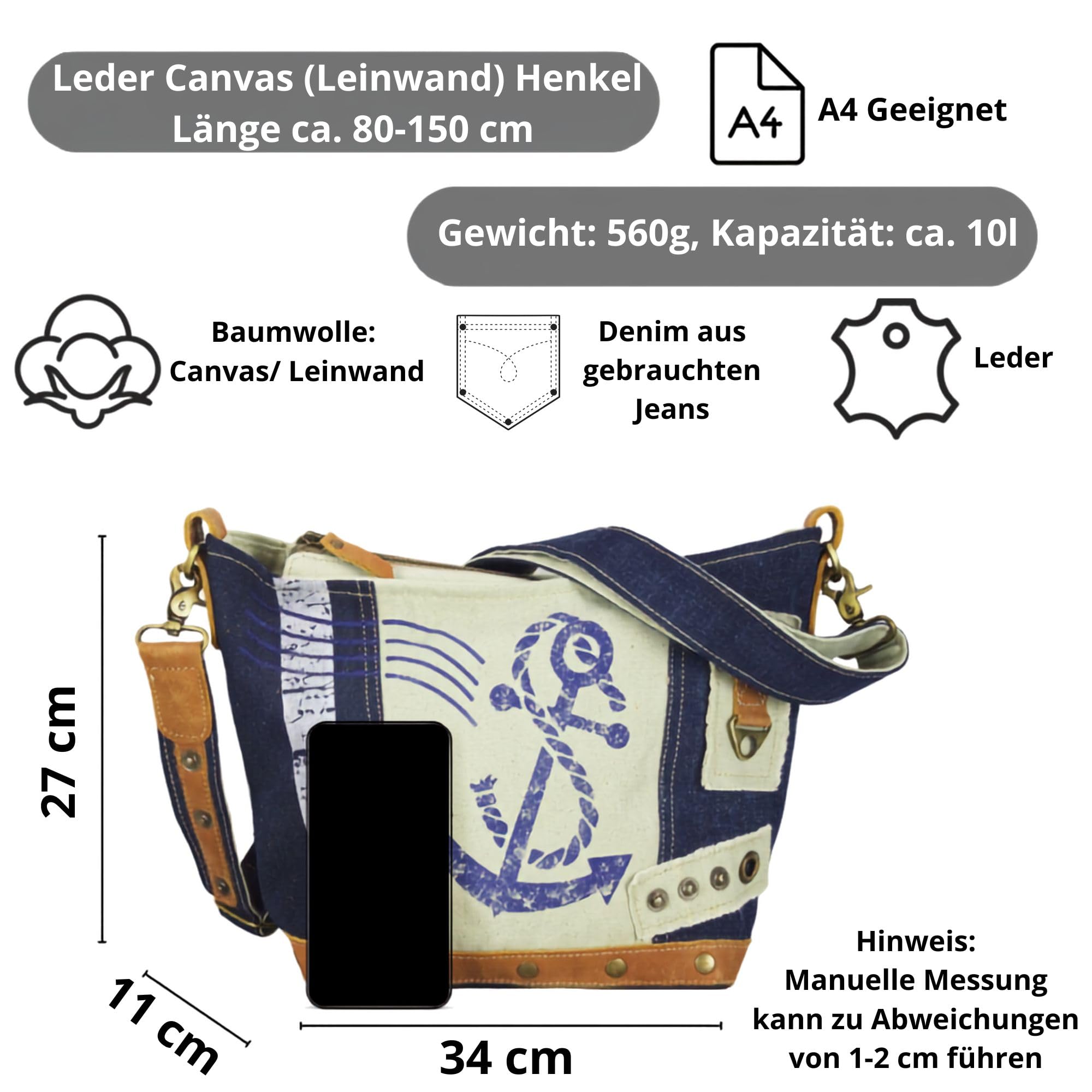 Sunsa Maritim Umhängetasche. Nachhaltige Damen Schultertasche. Beige/blau