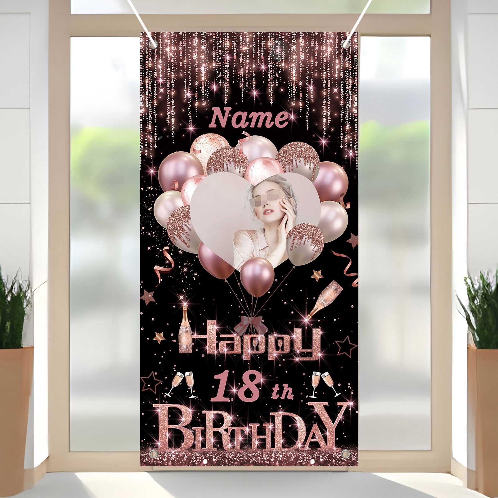 AUBAO Custom appy Birthday Door Banner Backdrop Birthday Decorations Party Supplies for Girl Women(Rose Gold and Black)