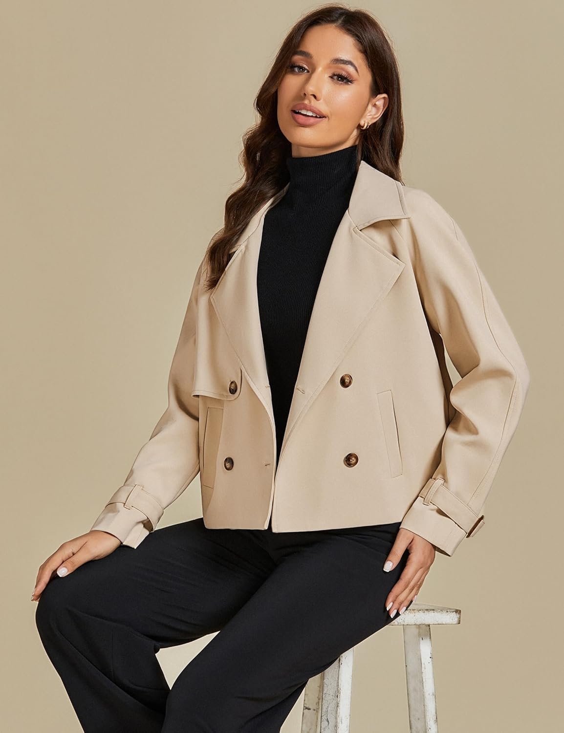 luvamia Cropped Trench Coat for Women Long Sleeve Double Breasted Notched Lapel Casual Loose Fit Jackets with Pockets - Image 7