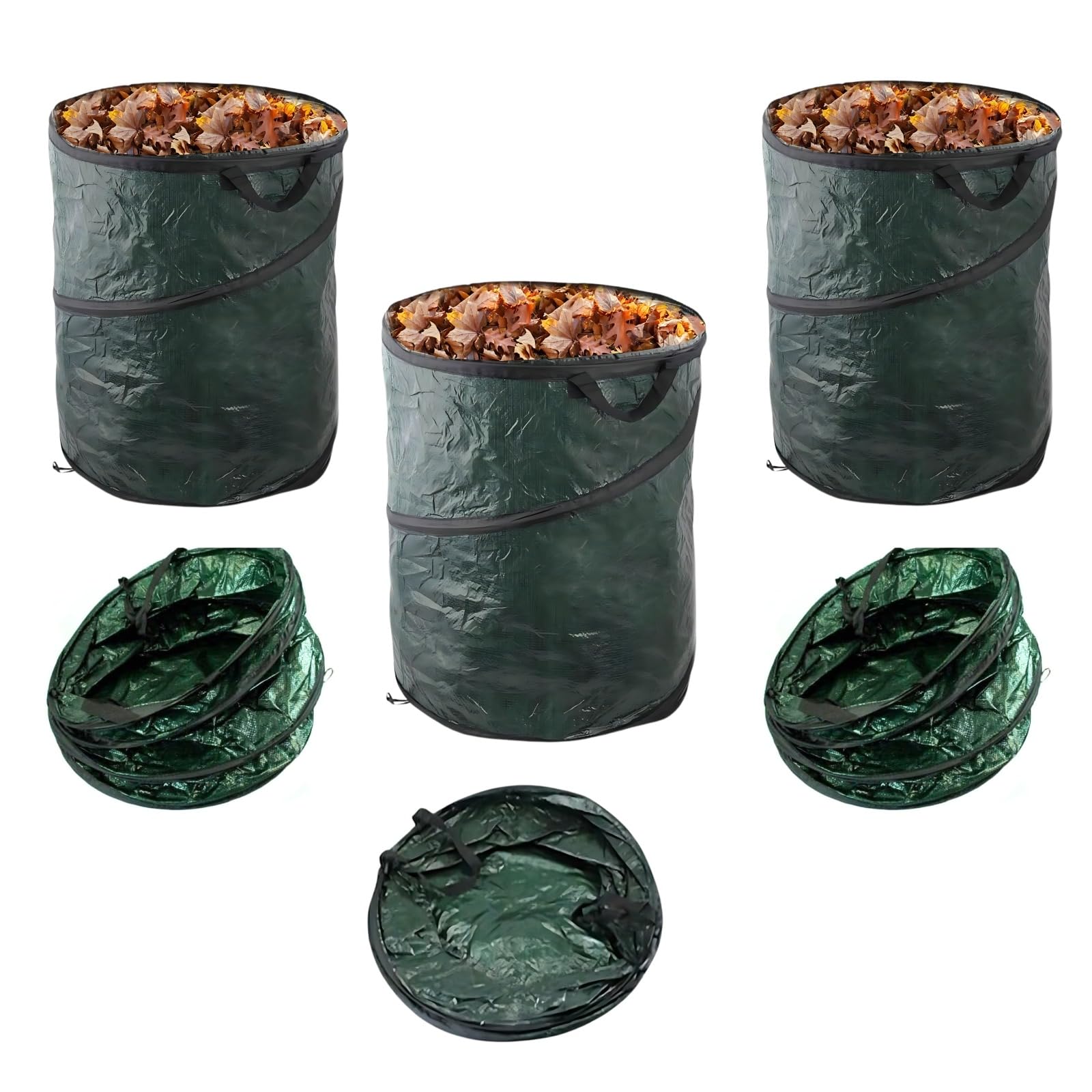 Adeptna Green Large 120L Heavy Duty Pop-Up Garden Waste Bag With Handles - Reusable & Strong Refuse/Rubbish Sack For Garden Clean Up (Pack Of 3)