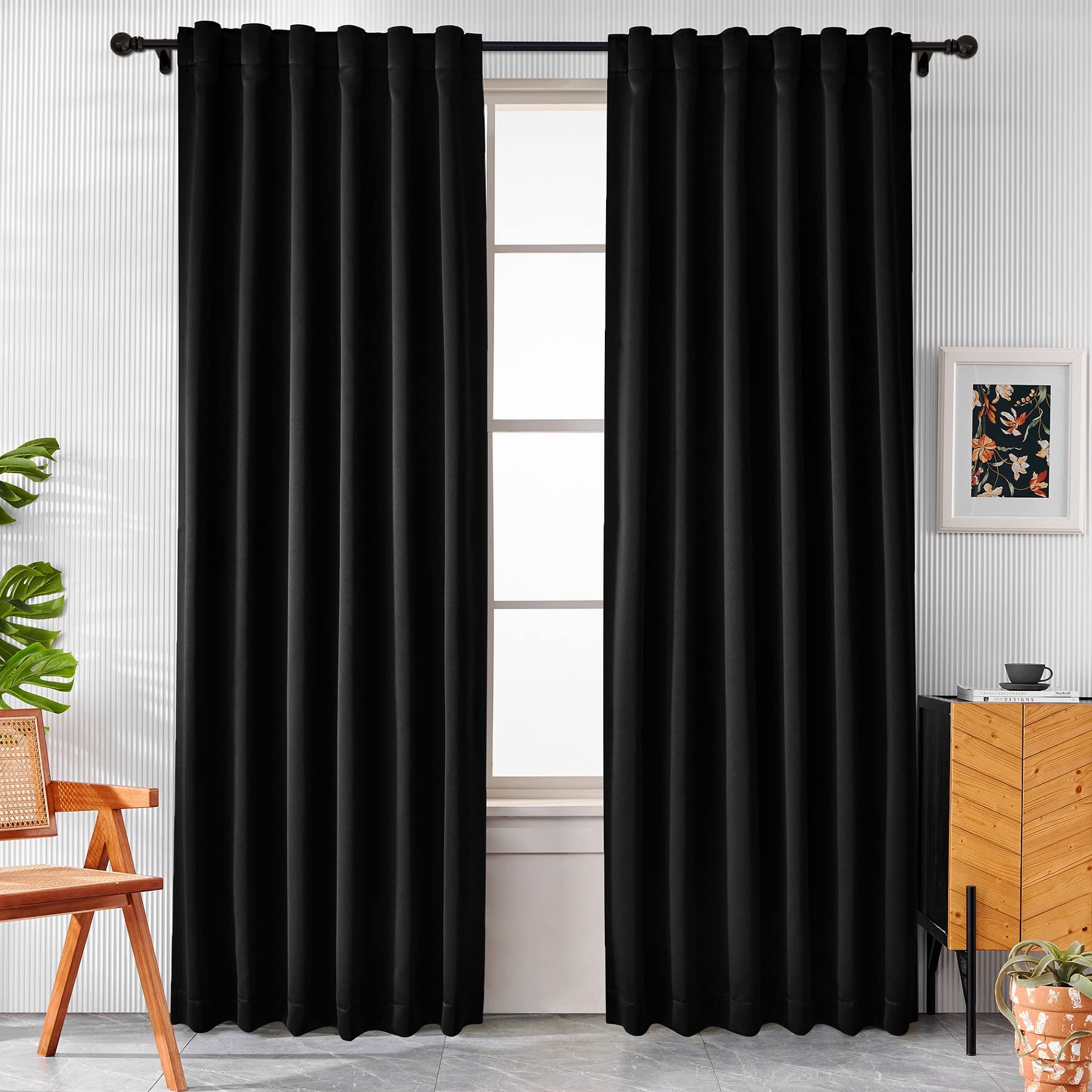 Pickluc Blackout Curtains 84 Inches Long 2 Panels, Black Out Drapes for Bedroom or Living Room, Back Tab and Rod Pocket Top, Set of Two, Black, 52" Wide and 84" Length.