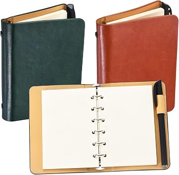 PATIKIL 6 Ring Binder Cover, A7 Leather Notebook Binder with 50 Sheets Refillable Blank Paper and Pen Loose Leaf Planner Personal Organizer for Travel Office, Dark Green/Yellow-Brown