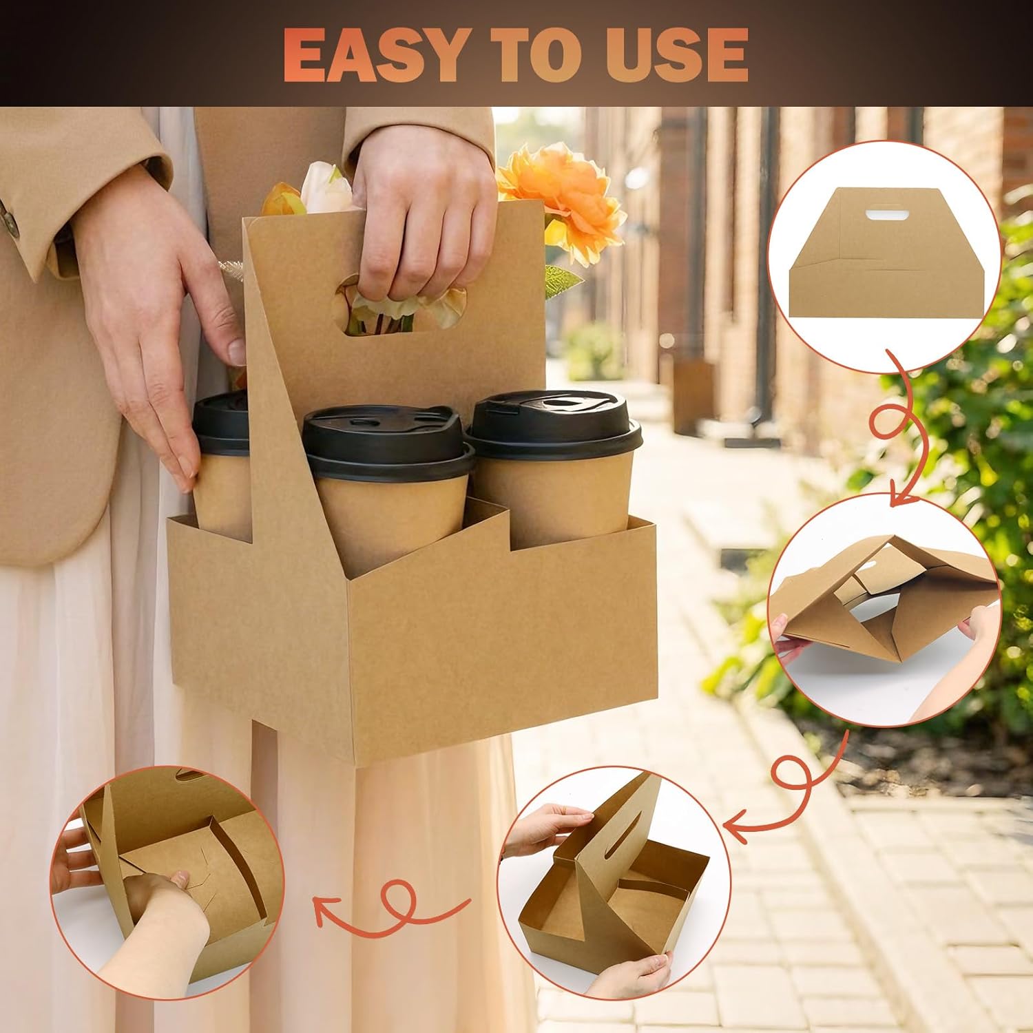 4 Cup Drink Coffee Carrier with Handle, 30Pcs Paper Cup Holders Drink Holders Cardboard Disposable Beverage Tray Foldable Kraft to Go 12oz-32oz for Food Delivery Takeout Hot Cold Drinks - Image 3
