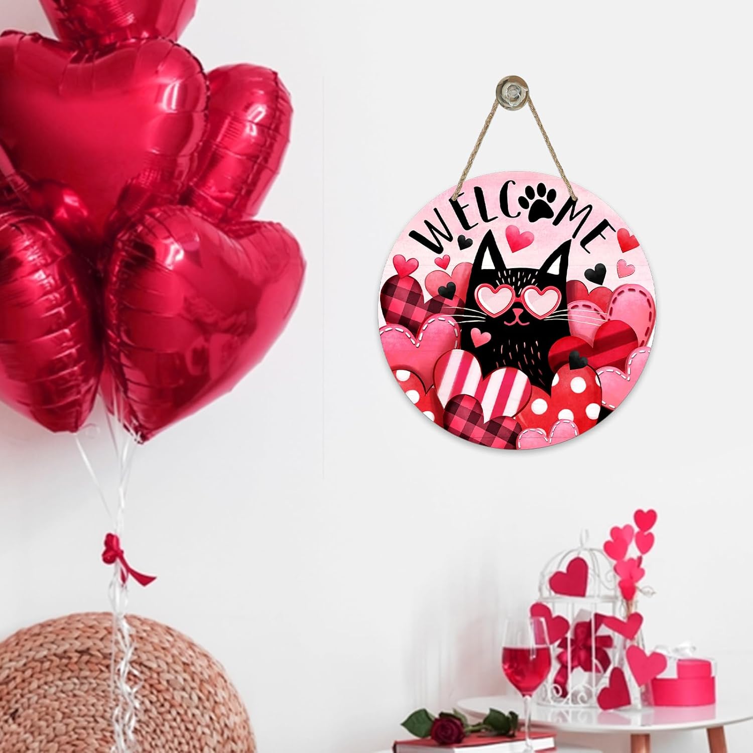 Welcome Valentine's Day Black Cat Front Door Sign, Kitty Pink Red Love Heart Wood Door Hanger Outdoor Outside Porch Decor, Anniversary Wedding Wooden Wreath Indoor Wall Hanging Decoration - Image 6