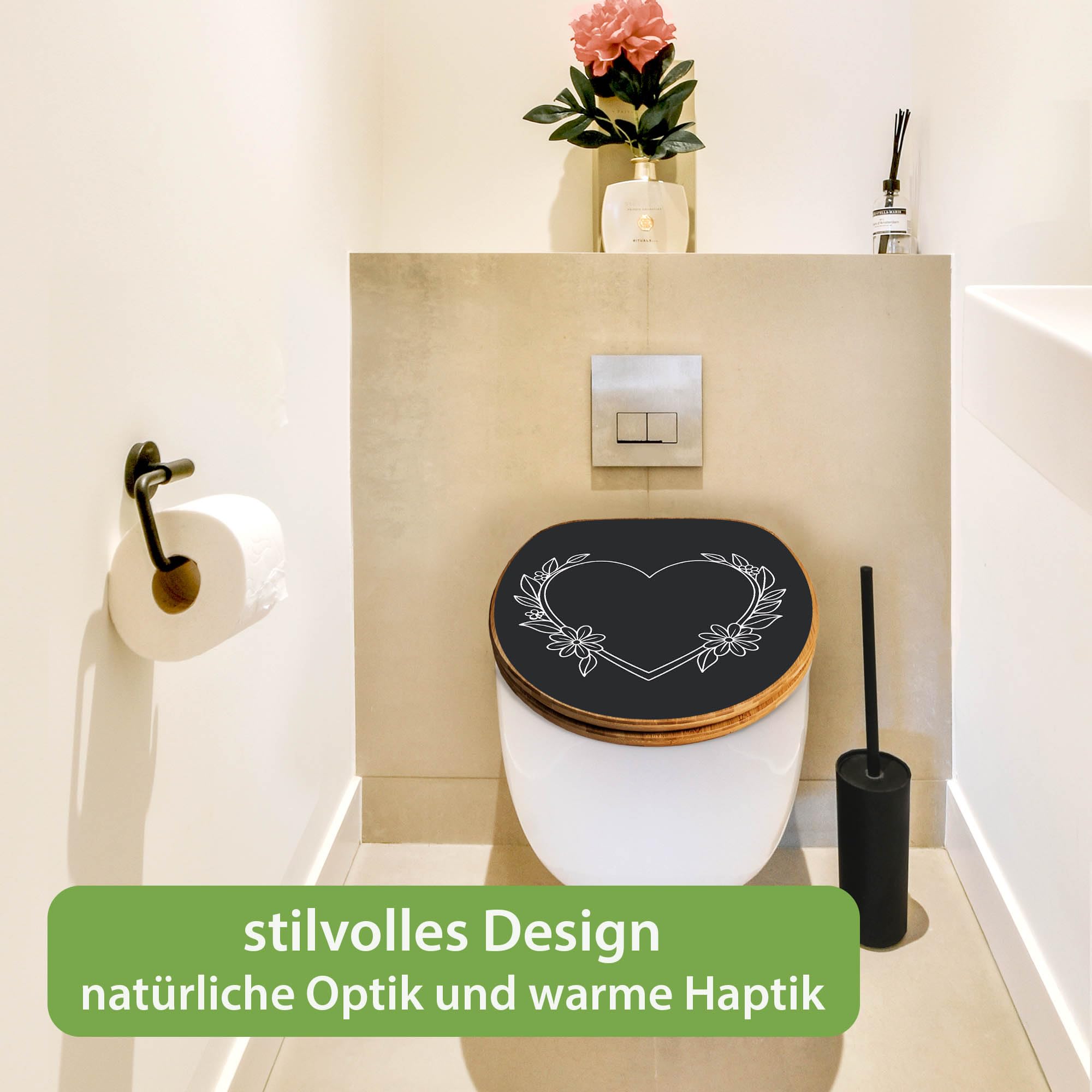 banjado Design WC Sitz Bambus Absenkautomatik 45,8x37,5cm - Toilettendeckel mit Absenkautomatik Holz - hochwertiger Bambus Klodeckel - WC-Sitz für gängigen Toiletten - Motiv Florales Herzdesign