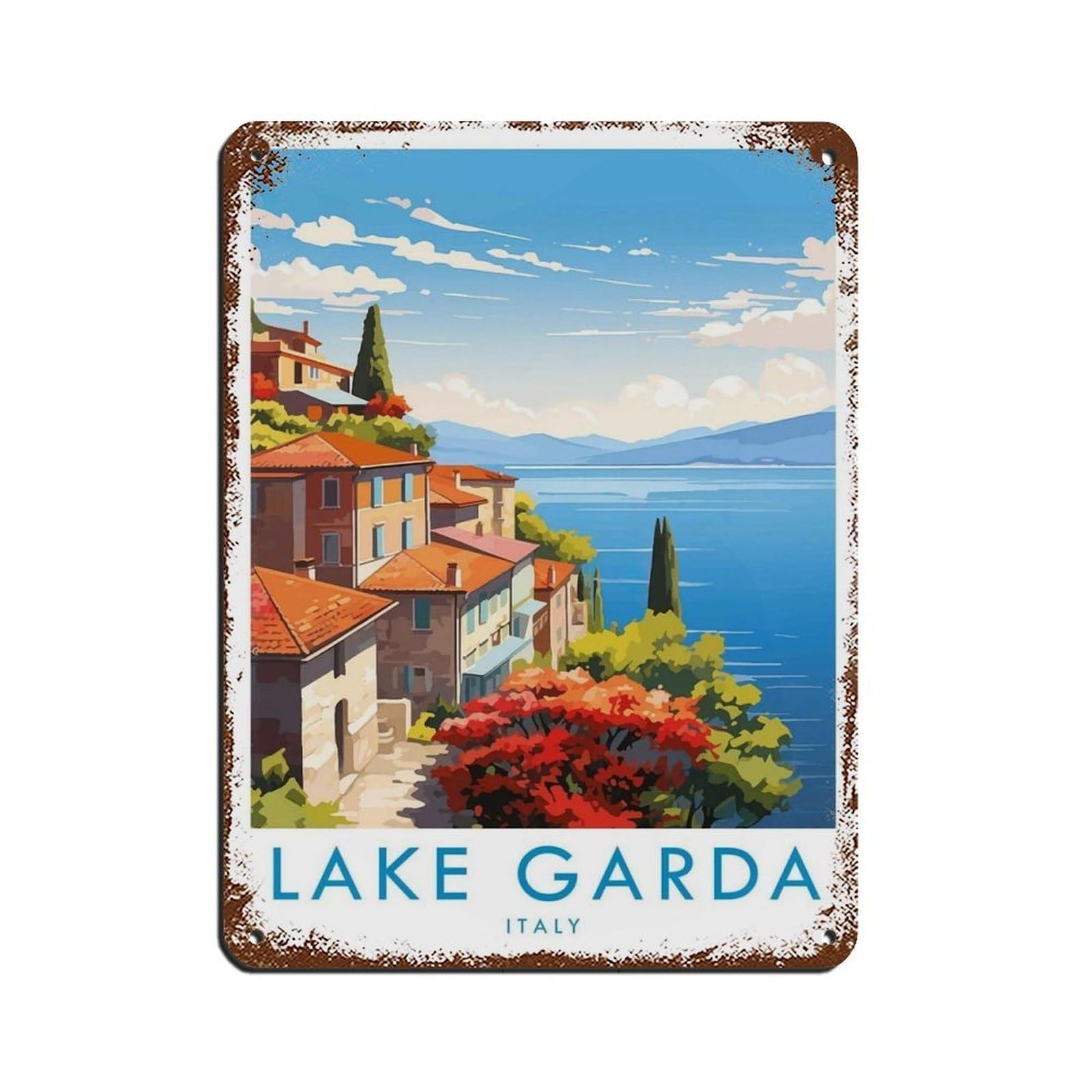 Lake Garda Travel Poster, Italy（1） Tin Sign Vintage Metal Pub Club Cafe Bar Home Wall Art Decoration Poster Retro 12x16inch(30x40cm)