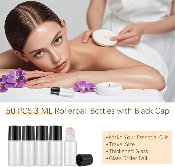 50 Pack 3ml Clear Small Glass Roller Bottles, Refillable, Leak-Proof