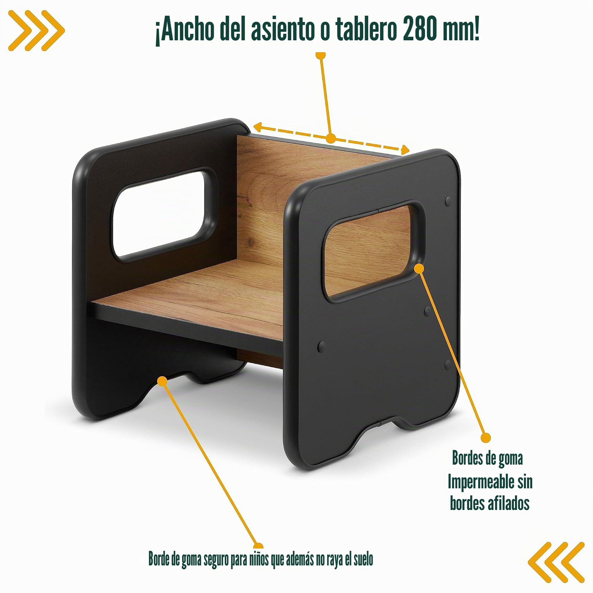 Taburete infantil de madera doble cara convertible en mesa - Negro y Roble