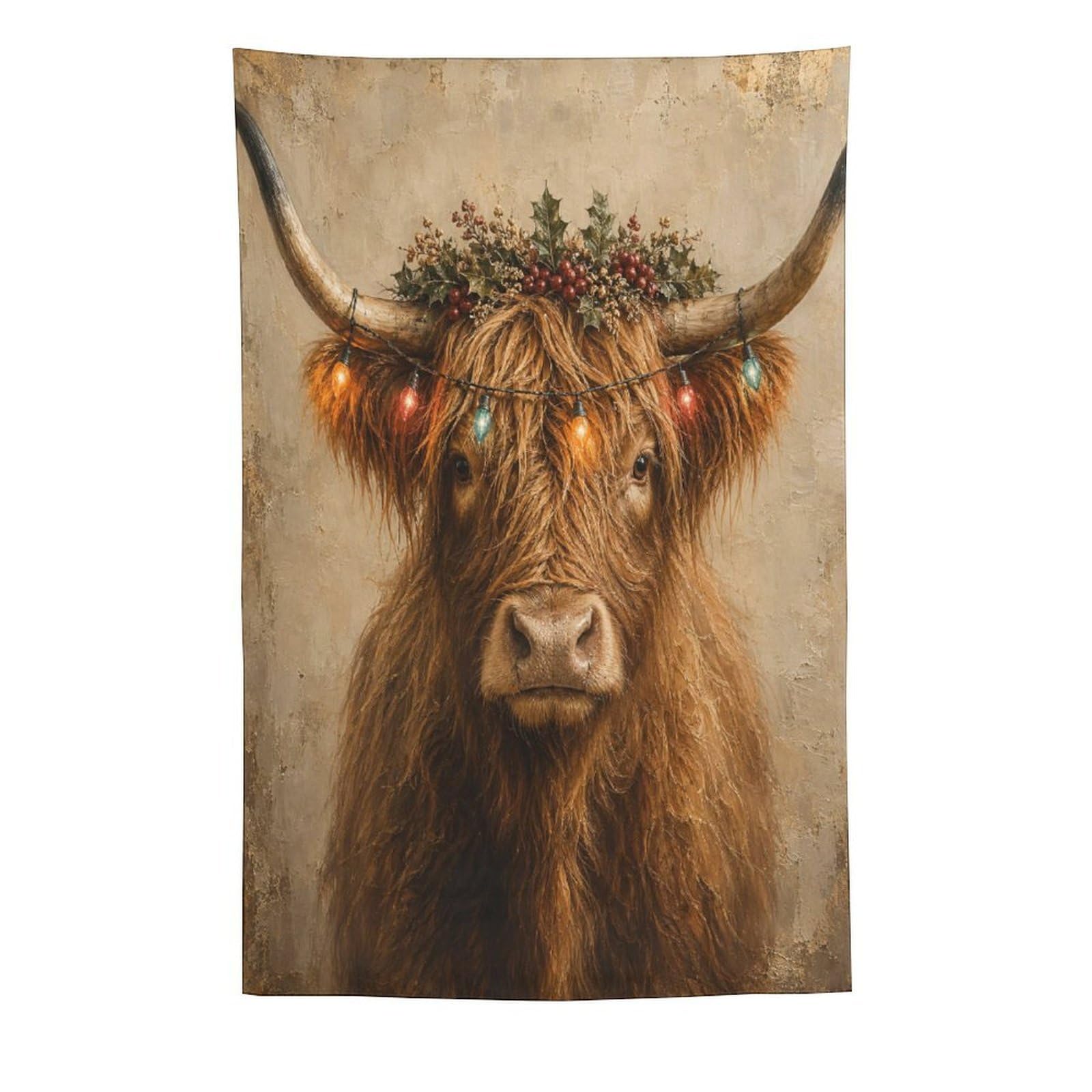 H3B8U2Y5 Highland Cow Floral Portrait Wall Tapestry, Rustic Farm Animal