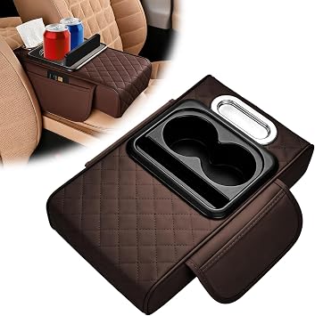 Car Armrest Cushion, 5 in 1 Memory Foam Center Console Cover with Storage Bags, Cup Holder, Tissue Box Slot & Phone Holder, Car Center Console Armrest, Car Accessories Interior Organizers Brown
