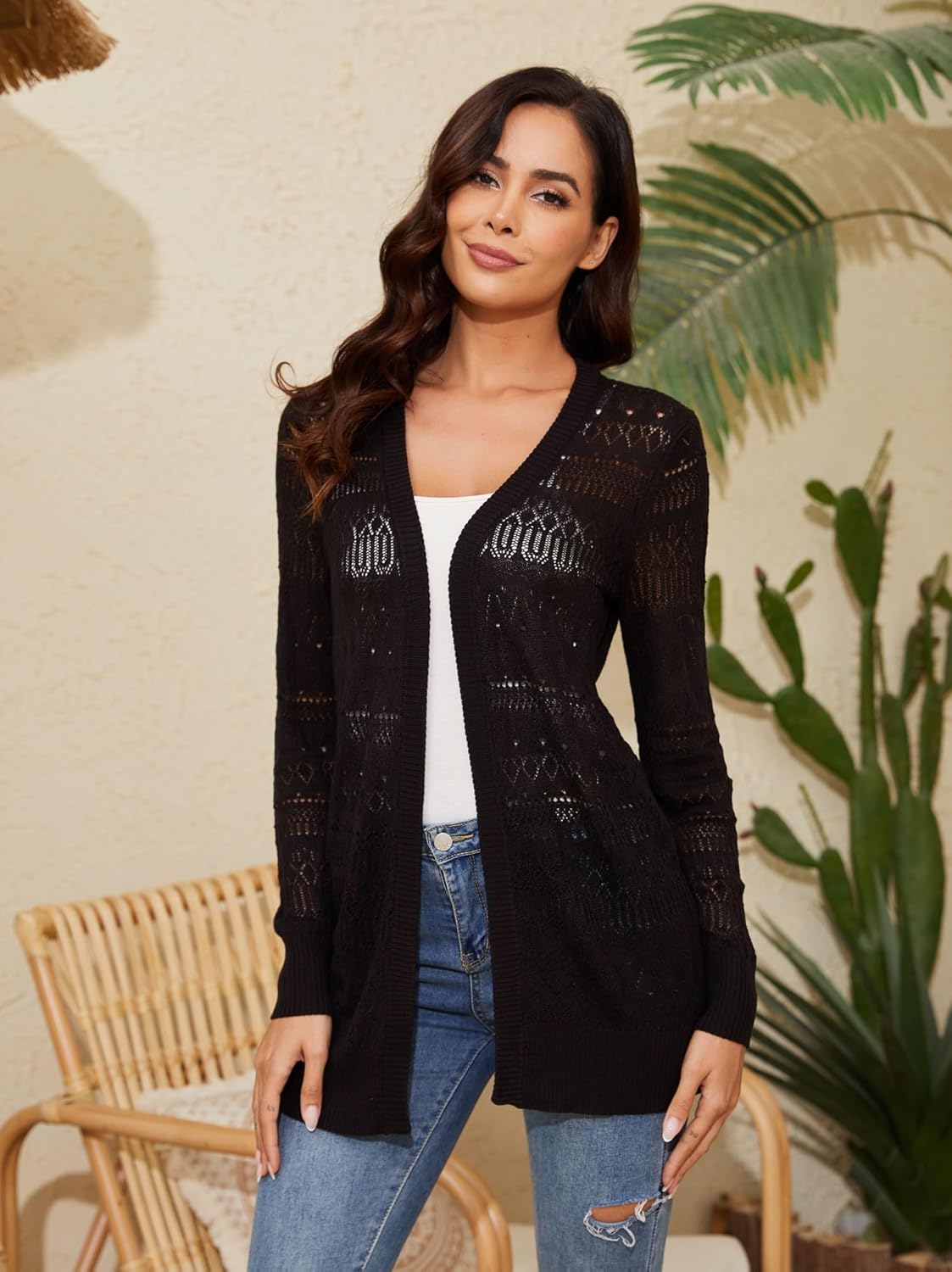 Spicy Sandia Women Lightweight Crochet Summer Cardigan Long Sleeve Open Front Pointelle Spring Sweater - Image 5