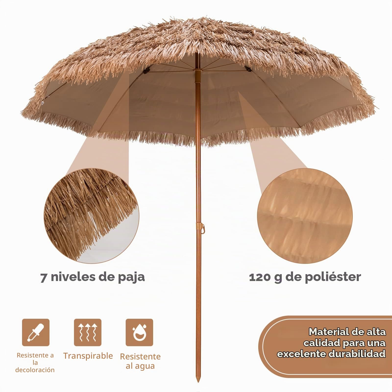KOMFOTTEU Sombrilla Hawaiana de Paja PP Ø 205 cm de Playa | Parasol Portátil con Botón de Presión y 8 Varillas de Metal, para Jardín, Balcón, Terraza, Natural