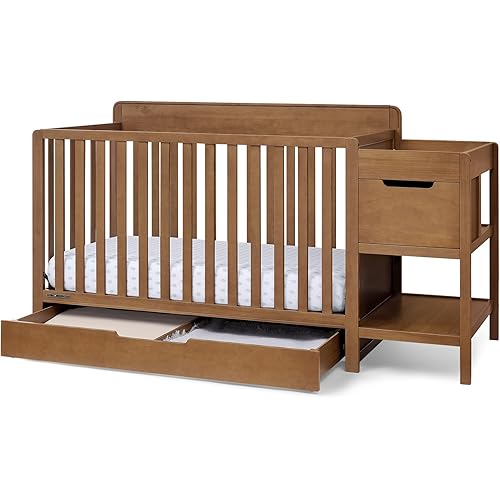 Delta Children Maya 5-in-1 Convertible Crib and Changer with Storage, Converts to Toddler Bed, Daybed, Sofa & Full Bed, Fits Standard Crib Mattress, 3 Mattress Heights for Baby Nursery, Chestnut