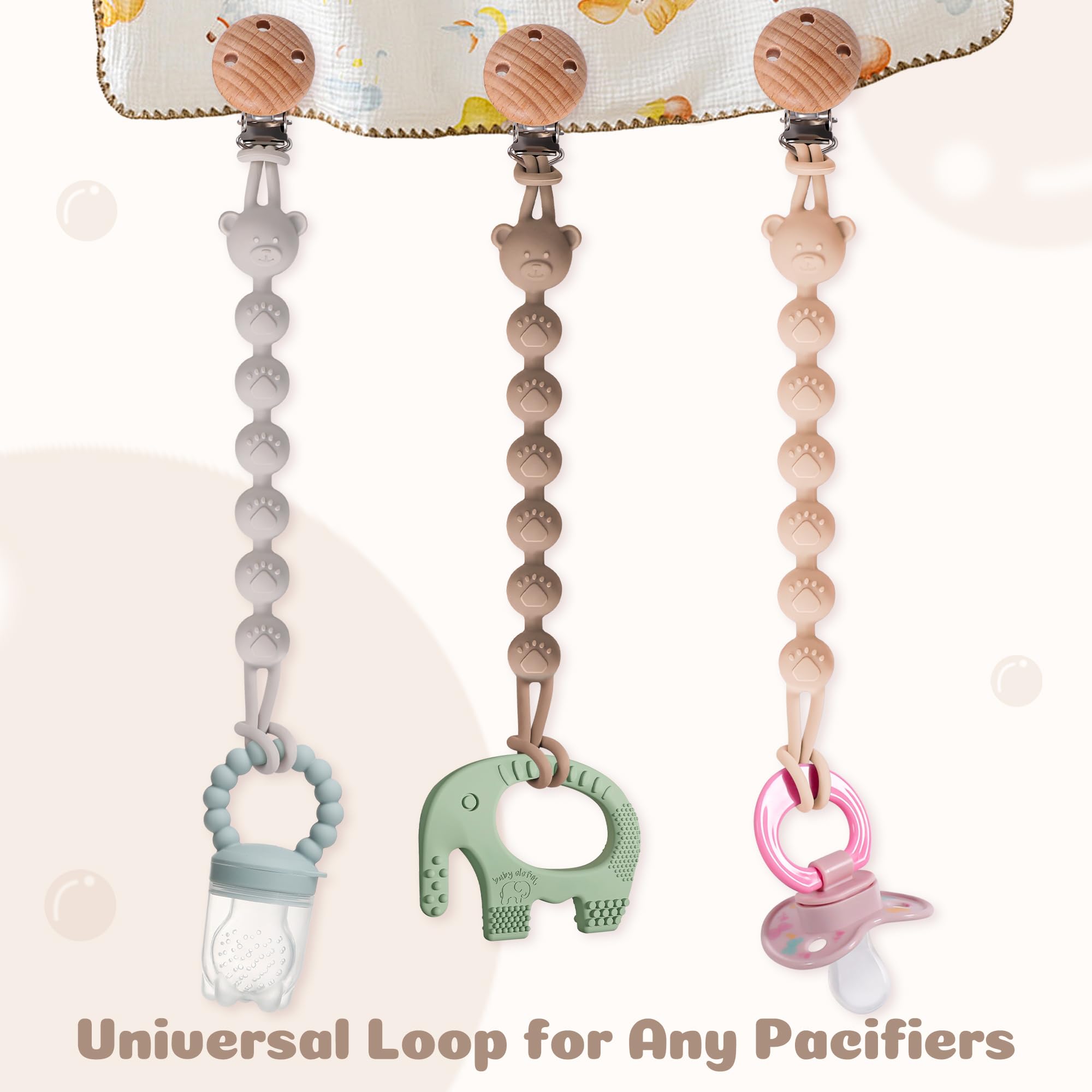 Set da 3 Catenella Portaciuccio in Silicone, Design Monoblocco Catenella Ciuccio per Bambine e Bambini, Portaciuccio Senza BPA, Elastiche e Robustezza (Crema Marrone Grigio)