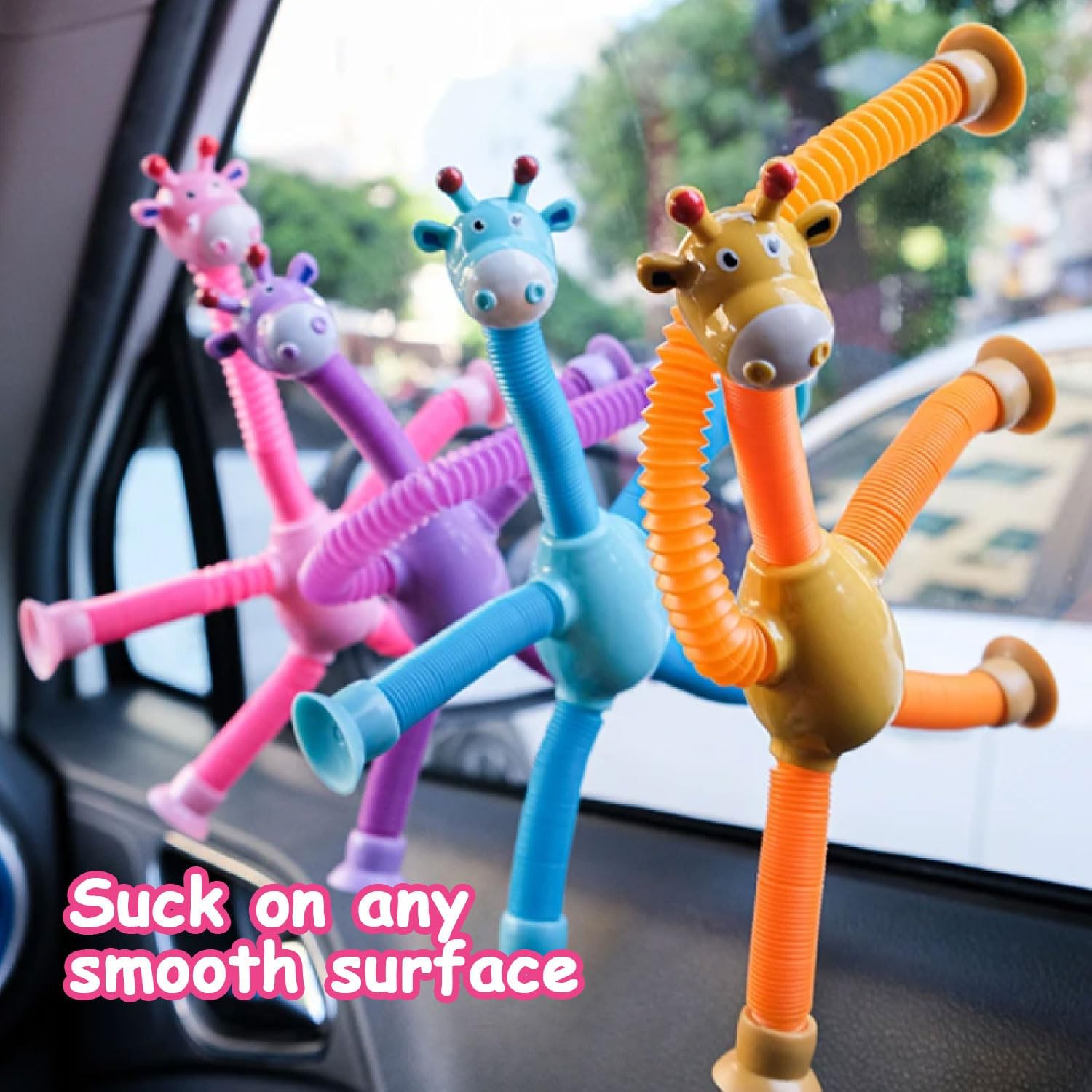 Suction Cup Giraffe Toy, 4 Packs Pop Tubes Sensory Fidget Animal Toys for 3 4 5 6 Year Old Boys Girls Toddlers Birthday Gifts Travel Essential Stretchy Robots