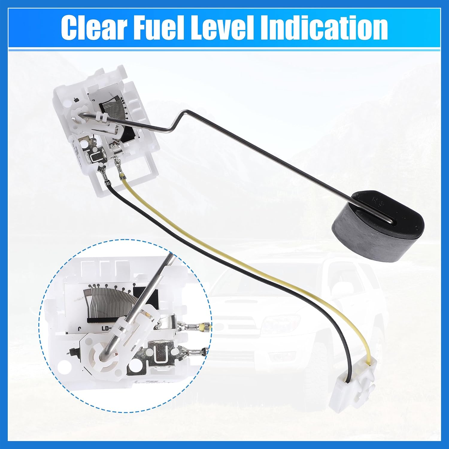 Close-up view of the fuel tank sending unit, highlighting its internal components and electrical connections.