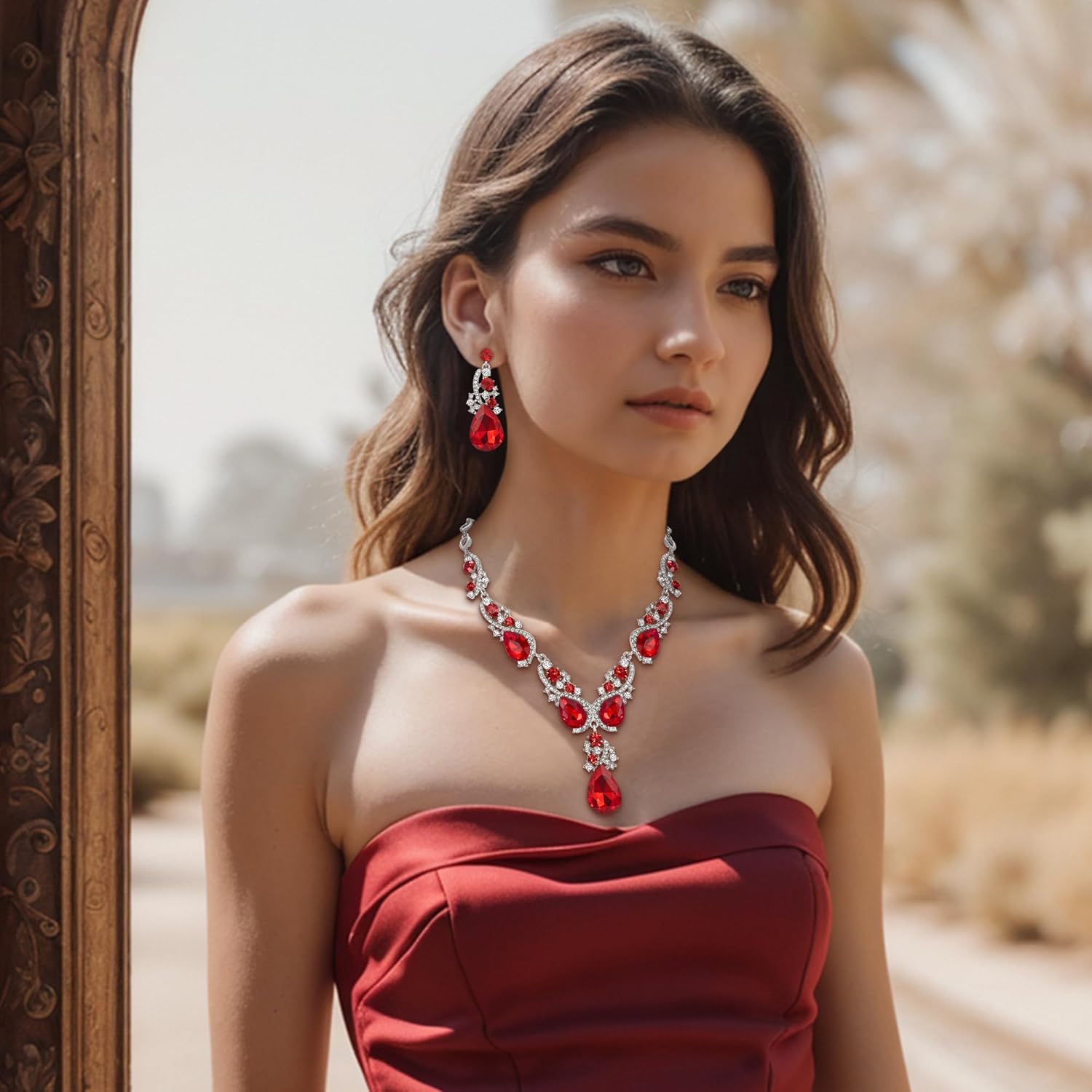 BriLove Women's Wedding Bridal Crystal Multi Teardrop Cluster Statement Necklace Dangle Earrings Set - Image 3