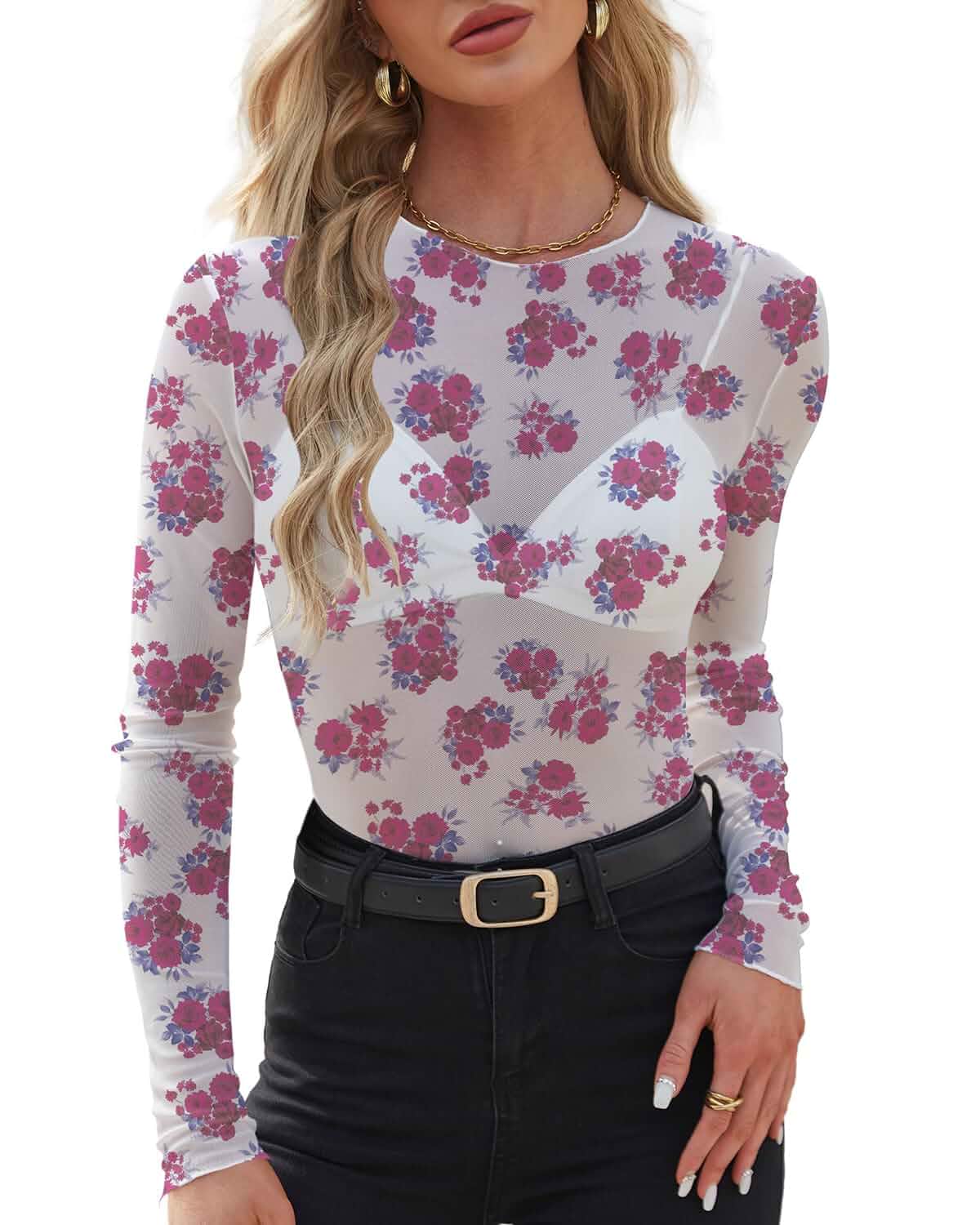 WIHOLL Womens Mesh Sheer Tops Sexy Crew Neck Summer Loose FIt Party Clubwear Shirts Long Sleeve