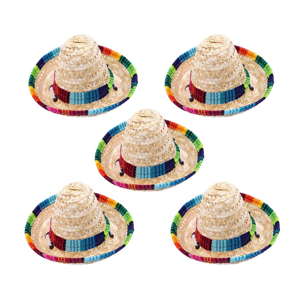 UIHOL 5-Pack Mini Mexican Sombrero Hats, 6.3 Inch Adjustable Cinco De Mayo Fiesta Straw Hat for Party Favors Decorations Kids Adult Pets