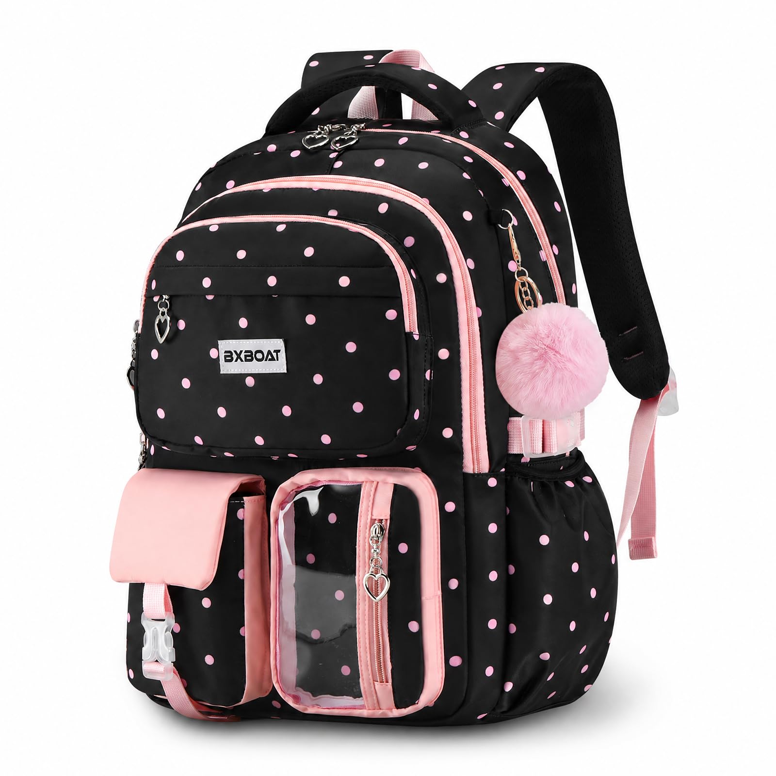 Amythe Schulranzen für Mädchen 1.-6. Klasse, Leichter Kinderrucksack mit Reflektierenden Streifen & Süßem Bommelanhänger, Wasserabweisend Schultasche für Grundschüler 6-12 Jahre, Schwarz und Rosa